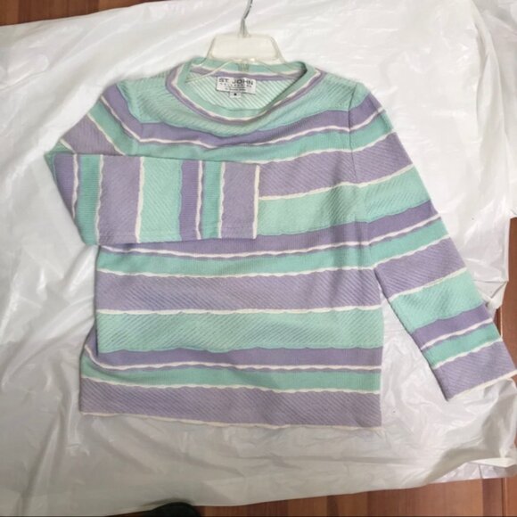St. John Vintage Pastel Striped Scalloped Textured Sweater Crew Neck Top Knit M - Picture 11 of 13